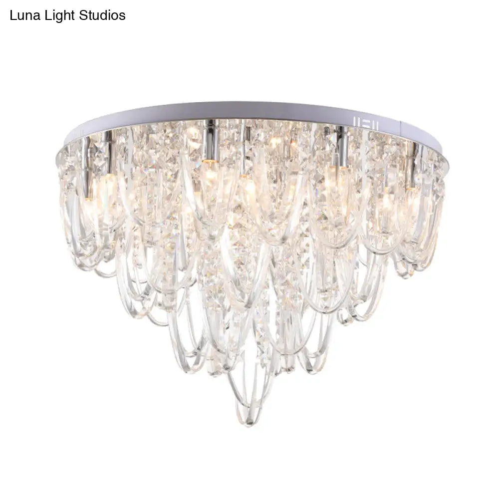 Crystal Flush Mount Ceiling Light With 6/9 Heads In Nickel For Bedroom
