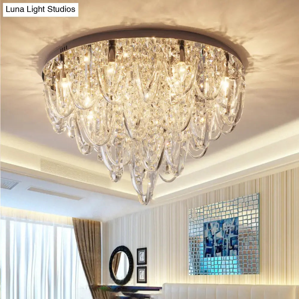 Crystal Flush Mount Ceiling Light With 6/9 Heads In Nickel For Bedroom