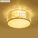 Crystal Flush Mount Lighting With Drum Shade - Gold 3/4/5 Lights 12.5’/16.5’/20.5’ Wide