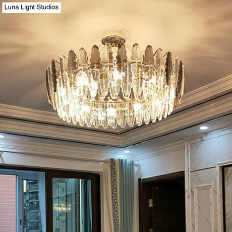Crystal Leaf Round Ceiling Chandelier With 9 Bulbs For Modern Living Rooms