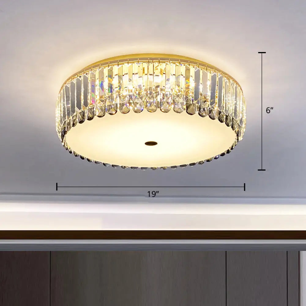 Crystal Led Flush - Mount Ceiling Light With Brass Finish Drum Shape - Simplistic Elegance / 19’