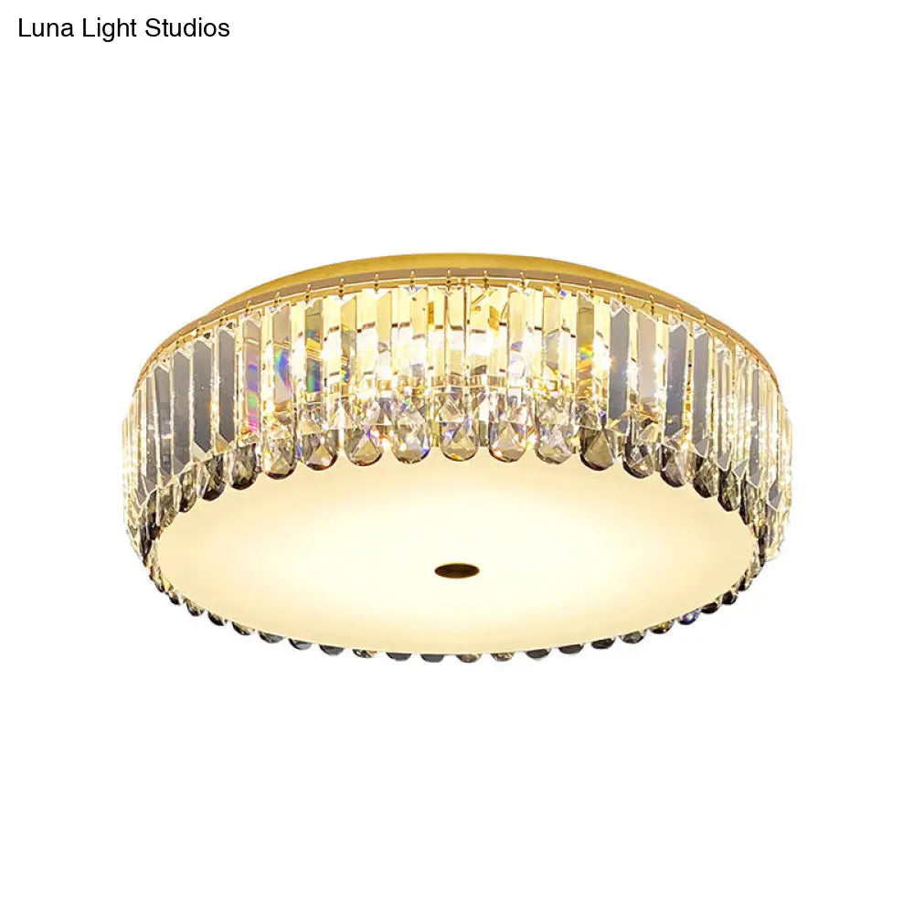 Crystal Led Flush - Mount Ceiling Light With Brass Finish Drum Shape - Simplistic Elegance