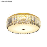 Crystal Led Flush - Mount Ceiling Light With Brass Finish Drum Shape - Simplistic Elegance
