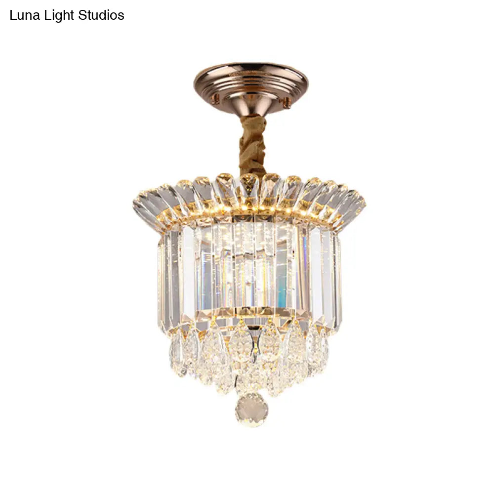 Crystal Led Flush Mount With Gold Finish And Dangling Drops