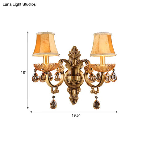 Crystal Raindrop Fabric Sconce: Countryside Brass Wall Lighting For Bedroom