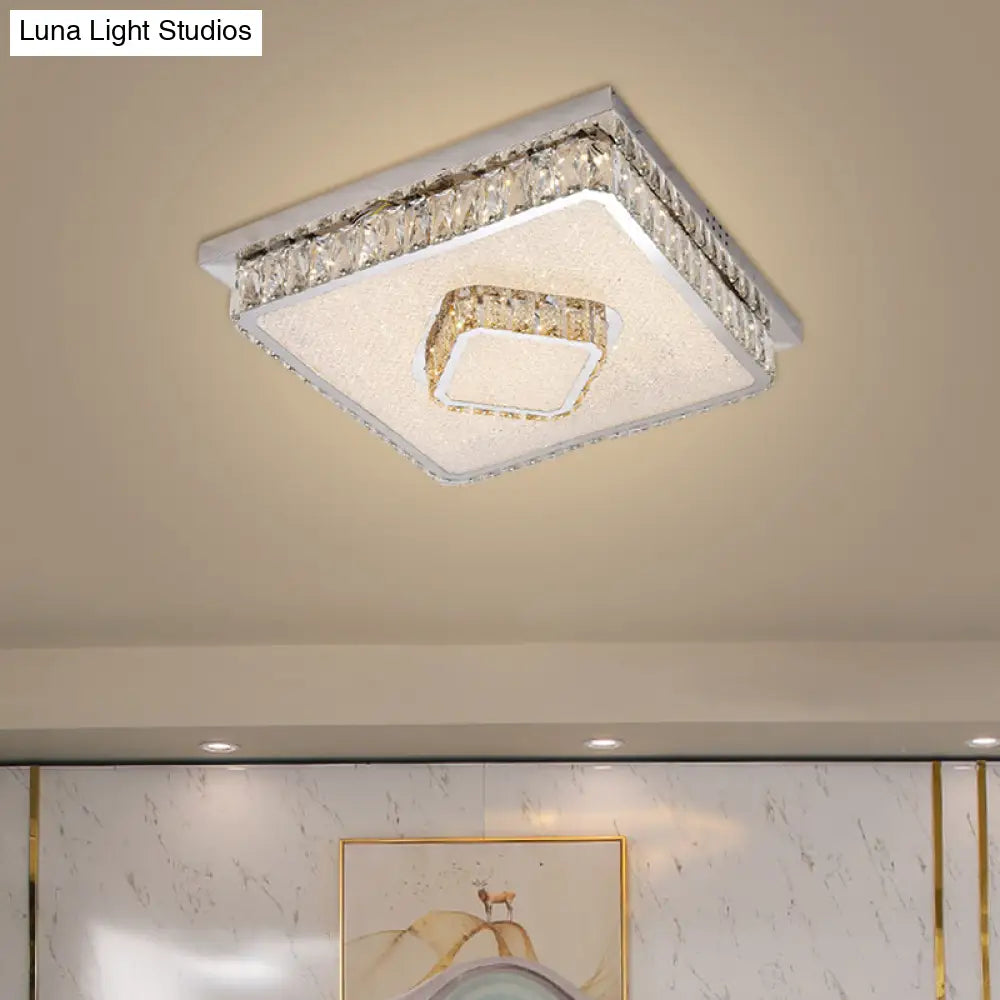 Crystal Square Flush Mount Led Lamp With Beveled Design In Warm/White Light Chrome Finish