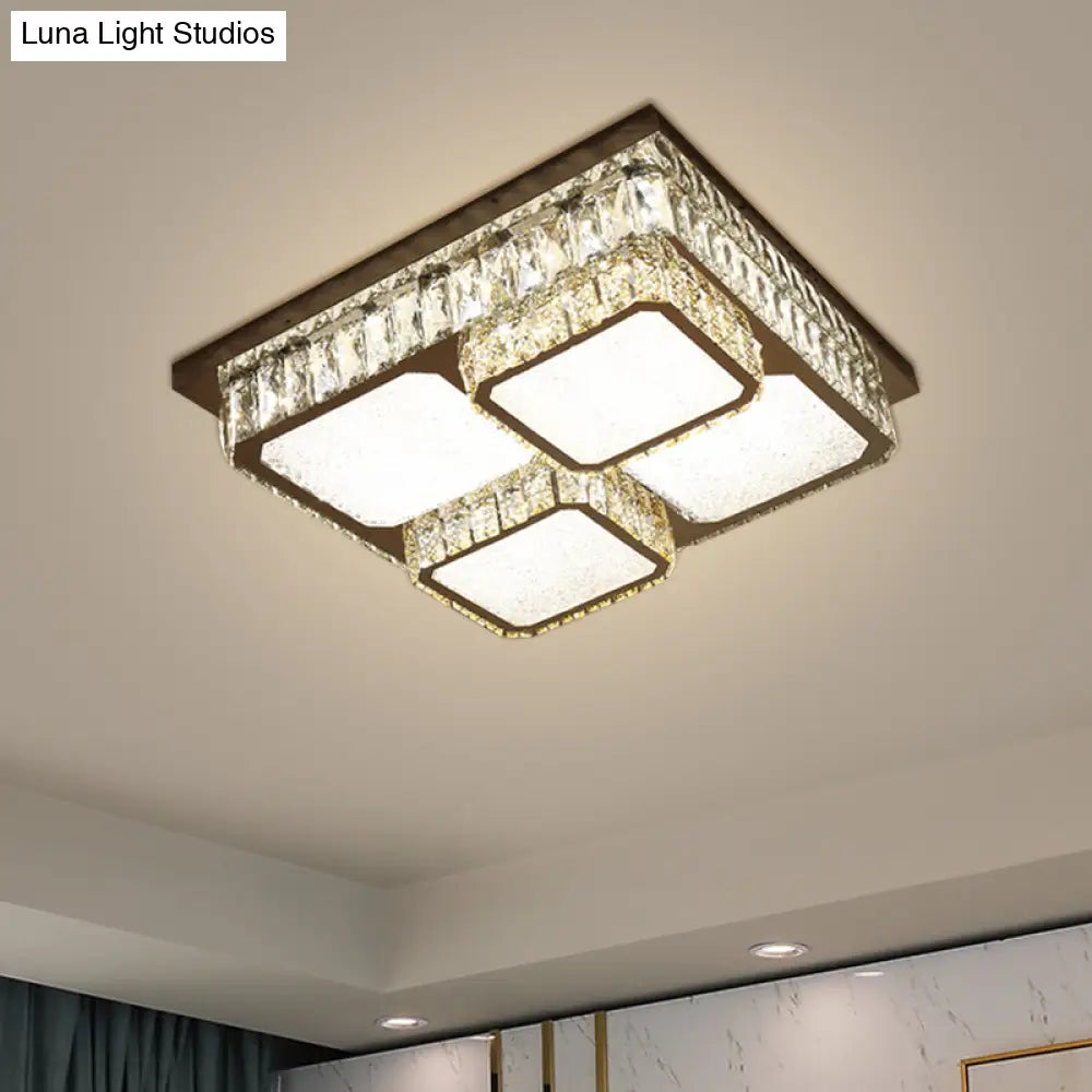Crystal Square Flush Mount Led Lamp With Beveled Design In Warm/White Light Chrome Finish