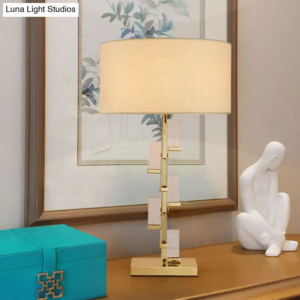 Crystal Table Lamp - White Drum Shade Simplicity Design Bedside Desk Light With Fabric