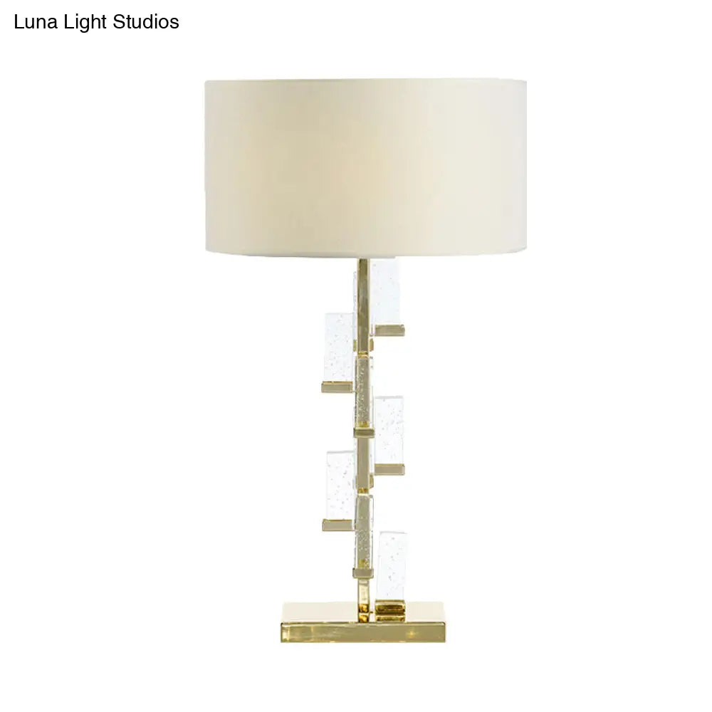 Crystal Table Lamp - White Drum Shade Simplicity Design Bedside Desk Light With Fabric