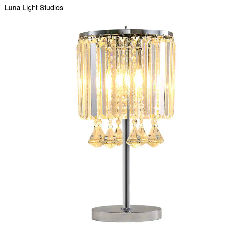 Crystal Teardrop Chrome Table Lamp With Modern Faceted Drum Shades - 2 Head Task Light