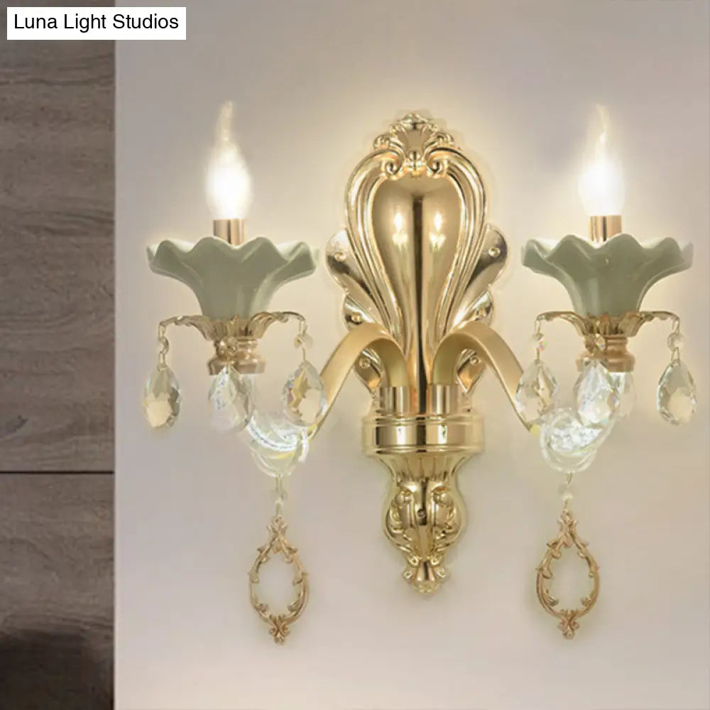 Crystal Wall Mount Candle Light Fixture In Elegant Gold Finish