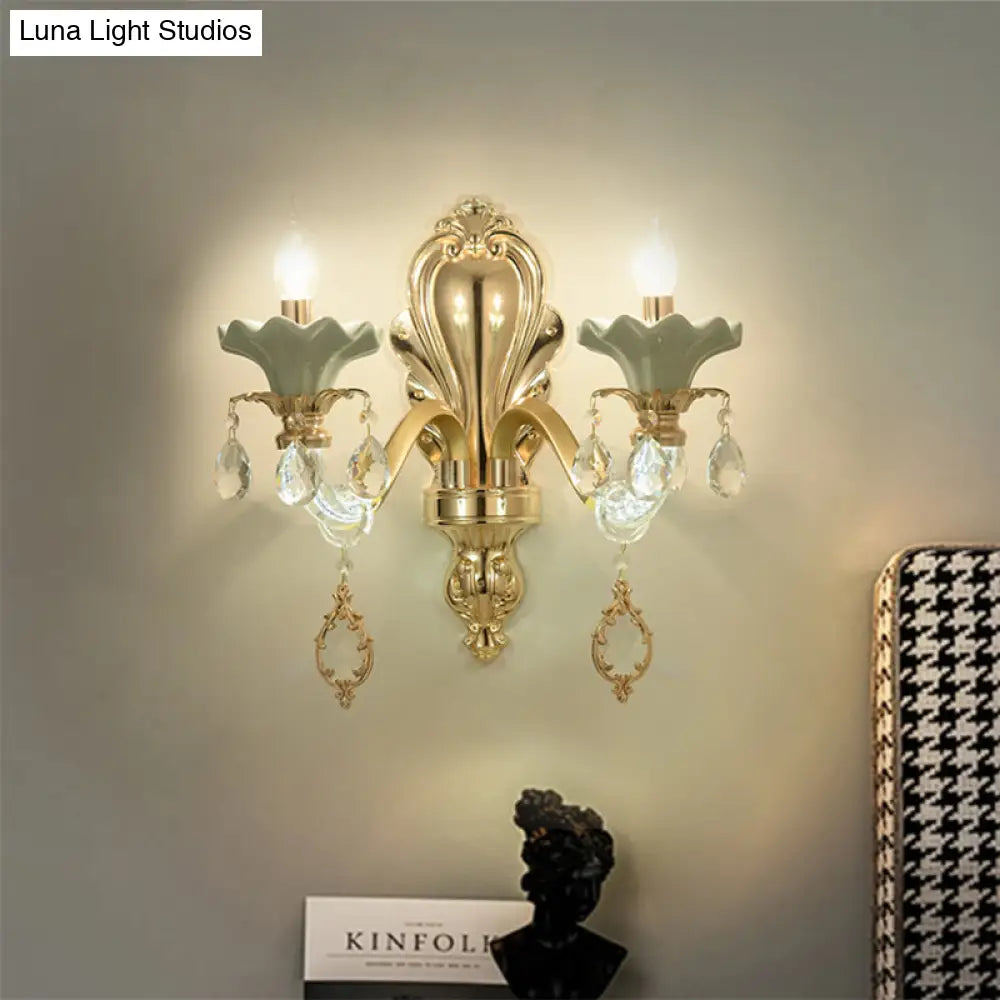 Crystal Wall Mount Candle Light Fixture In Elegant Gold Finish