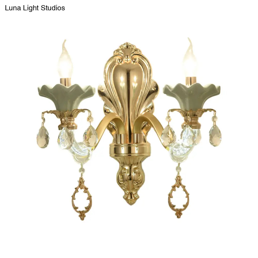 Crystal Wall Mount Candle Light Fixture In Elegant Gold Finish