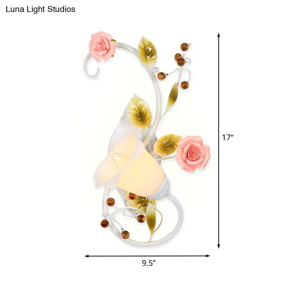 Curved Arm Sconce Light With Metal Rose Design White - Left/Right For Living Room