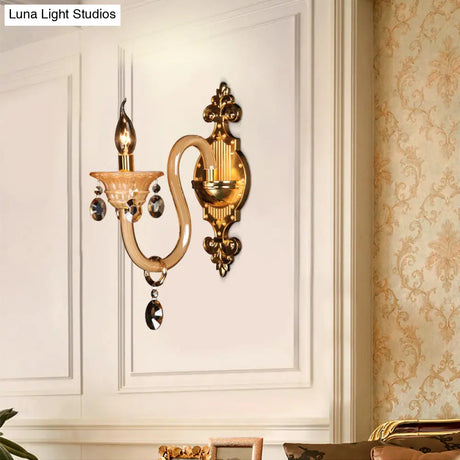 Curved Arm White Glass Wall Sconce With Beveled Crystal Accent