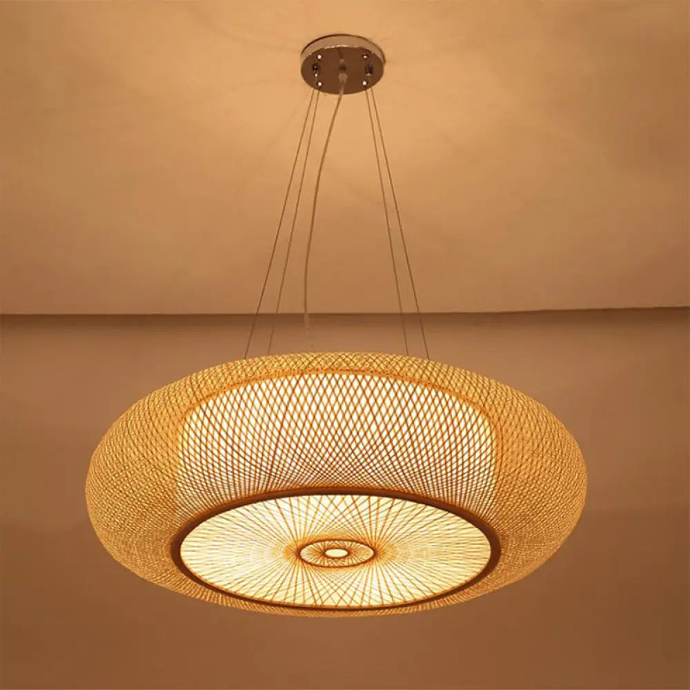 Curved Bamboo Drum Pendant Light 2/3 Bulbs 18’’/23.5’’ Wide Wood Ceiling Hanging Tradition Lighting Wood / 18’’