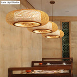 Curved Bamboo Drum Pendant Light 2/3 Bulbs 18’’/23.5’’ Wide Wood Ceiling Hanging Tradition Lighting