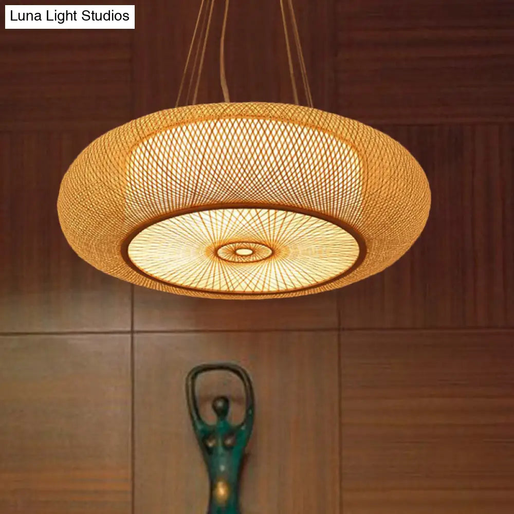 Curved Bamboo Drum Pendant Light 2/3 Bulbs 18’’/23.5’’ Wide Wood Ceiling Hanging Tradition Lighting
