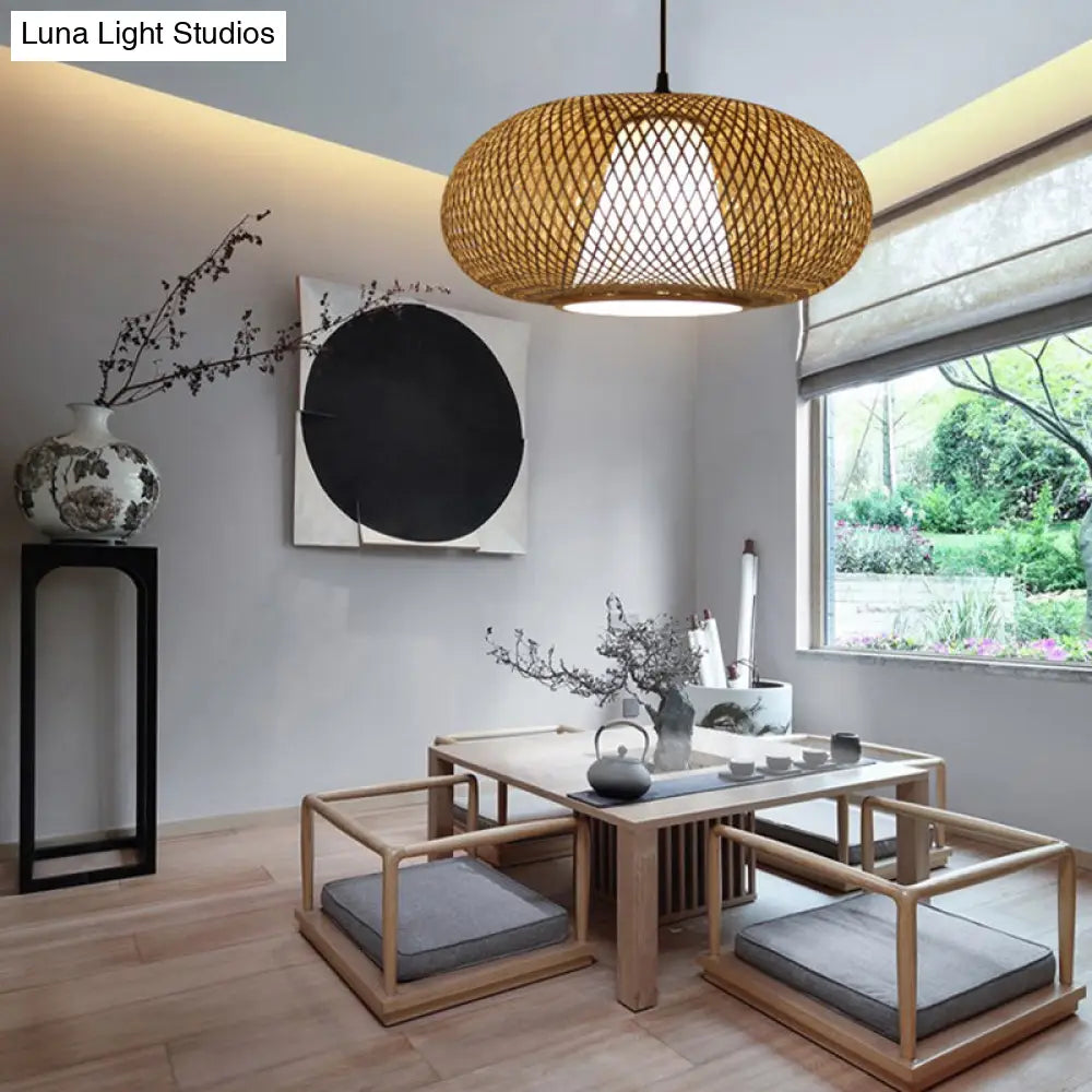 Curved Bamboo Pendant Drum Light With Tradition Design - 12’/14’/16’ Wide Hanging Lamp Kit