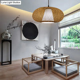 Curved Bamboo Pendant Drum Light With Tradition Design - 12’/14’/16’ Wide Hanging Lamp Kit