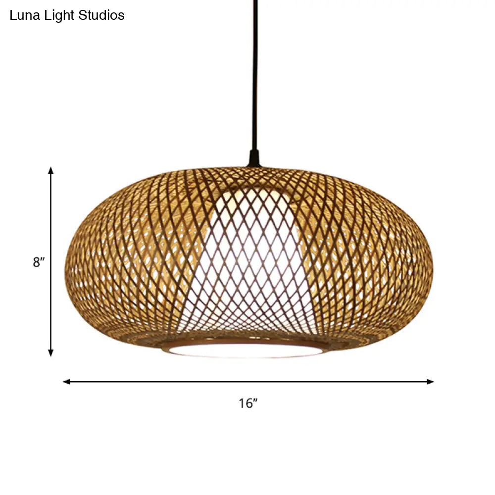 Curved Bamboo Pendant Drum Light With Tradition Design - 12’/14’/16’ Wide Hanging Lamp Kit