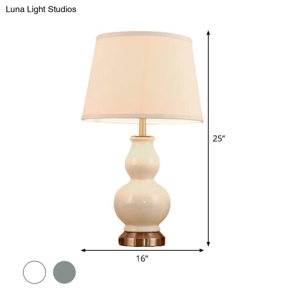 Curved Ceramic Nightstand Lamp: Modern Pink/White Task Light With Fabric Shade 13/16 Wide