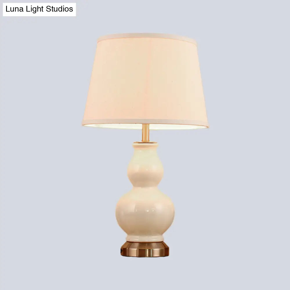 Curved Ceramic Nightstand Lamp: Modern Pink/White Task Light With Fabric Shade 13/16 Wide
