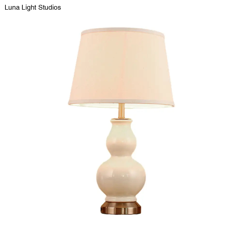 Curved Ceramic Nightstand Lamp: Modern Pink/White Task Light With Fabric Shade 13/16 Wide