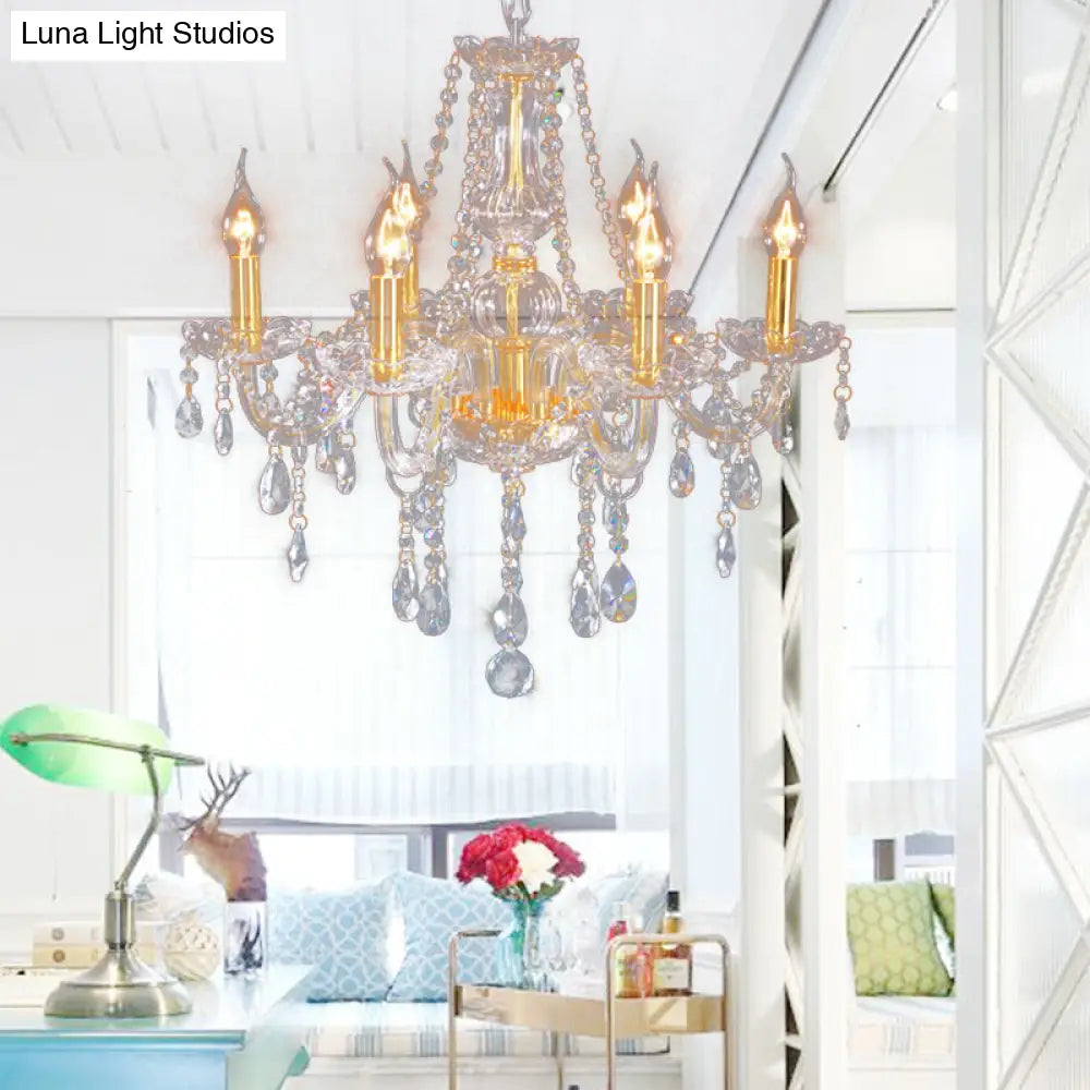 Curvy Armed Crystal Chandelier - Golden Victorian Style Pendant Light With 6 Heads