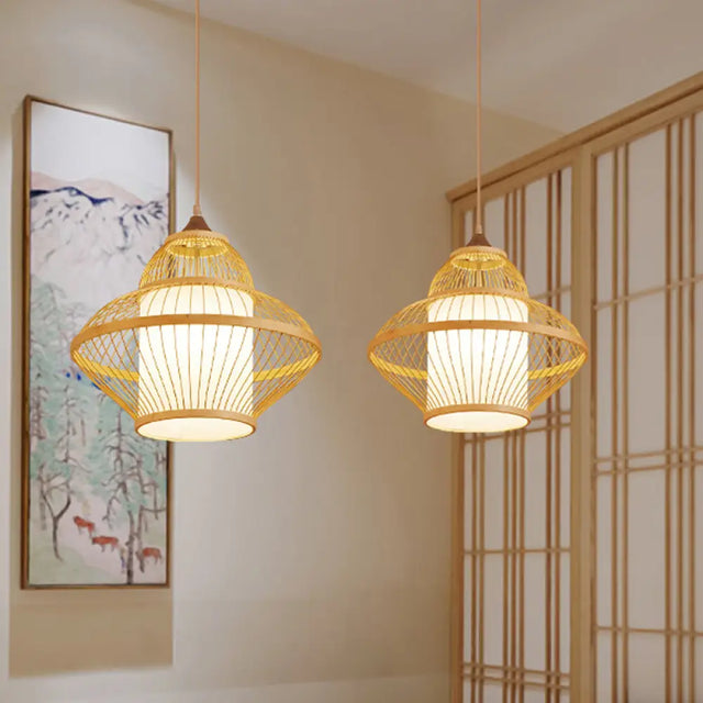 Curvy Bamboo Pendant Light - Japanese Inspired 14/17 Wide Wood Ceiling Hanging 1 Bulb