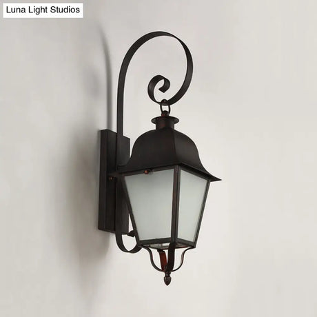 Curvy Cottage Wall Lamp With Lantern Frosted Glass Shade - Black 1-Light Metallic Sconce