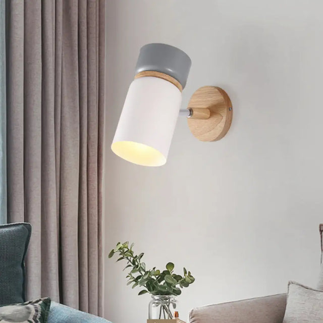 Cylinder Sconce Light: Modern Grey/White Metal Wall Mounted Lighting With Round Wood Backplate Grey