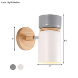Cylinder Sconce Light: Modern Grey/White Metal Wall Mounted Lighting With Round Wood Backplate