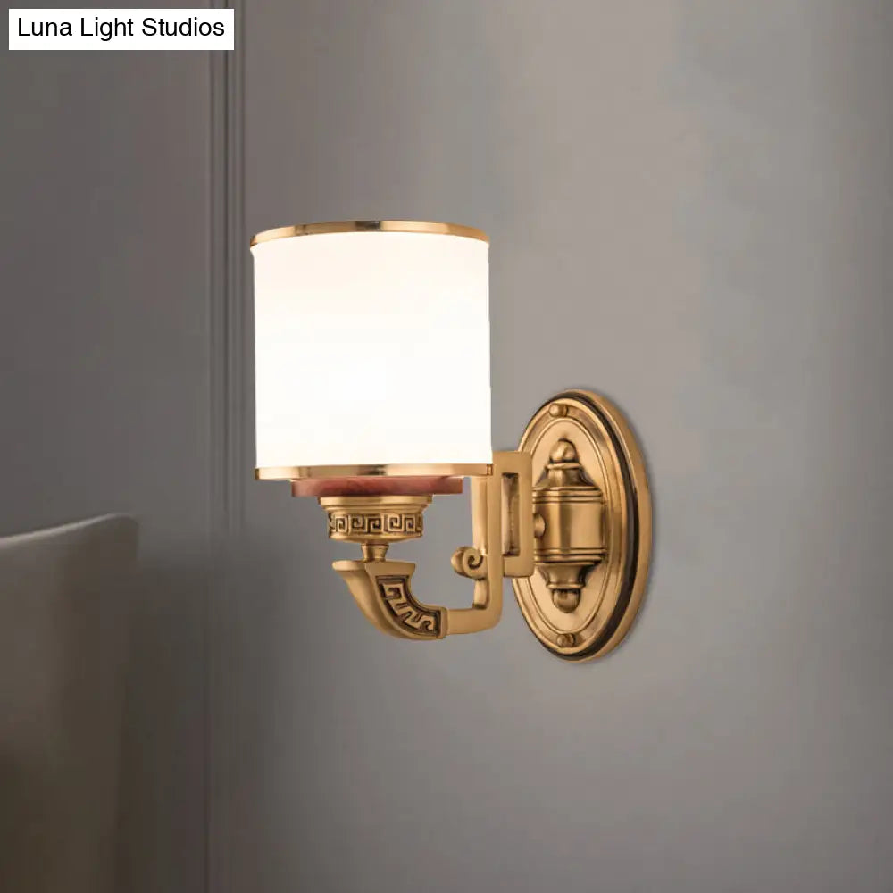 Cylinder Wall Sconce With Brass Finish And White Glass - Living Room Lamp