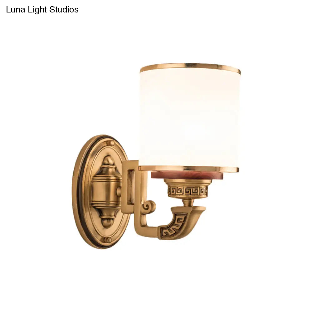 Cylinder Wall Sconce With Brass Finish And White Glass - Living Room Lamp