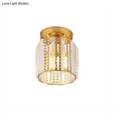 Cylindrical Crystal Mini Flush Lamp - Elegant 1-Light Golden Corridor Ceiling Mounted Light 7’ Wide