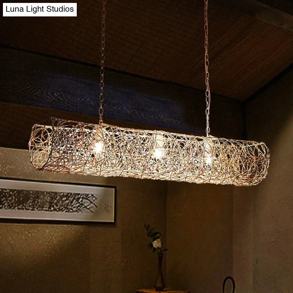 Cylindrical Rattan Island Pendant Light - Southeast Asian Style With 3 Bulbs For Tea Room Ceiling