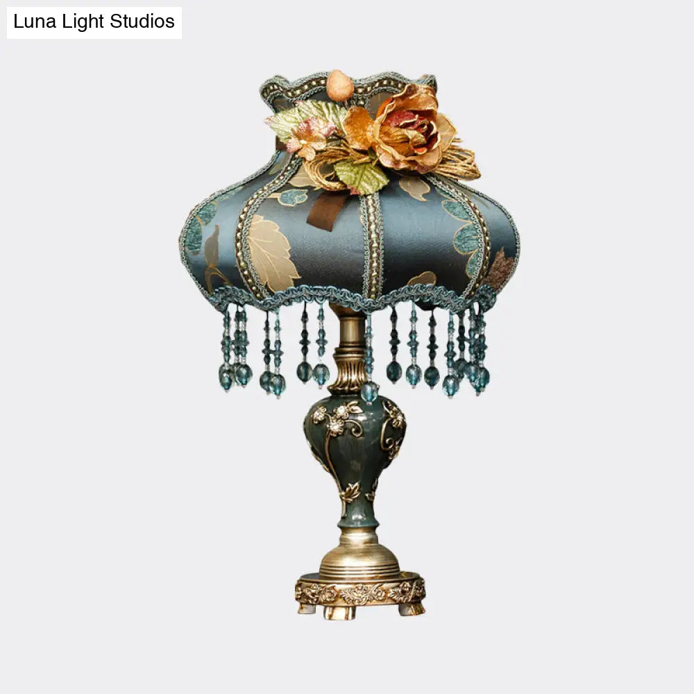 Dark Blue Vintage Urn Resin Night Light Table Lamp With Carved Design And Fabric Shade