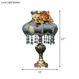 Dark Blue Vintage Urn Resin Night Light Table Lamp With Carved Design And Fabric Shade