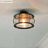 Dark Coffee Caged Metal Semi Mount Ceiling Light For Classic Living Room 1-Light