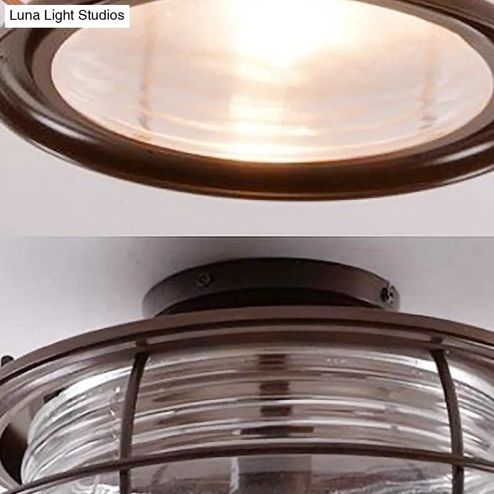 Dark Coffee Caged Metal Semi Mount Ceiling Light For Classic Living Room 1-Light