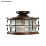 Dark Coffee Caged Metal Semi Mount Ceiling Light For Classic Living Room 1-Light