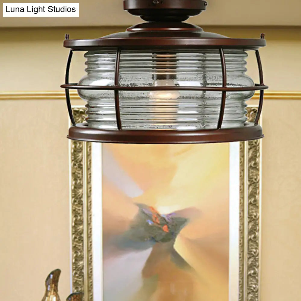 Dark Coffee Caged Metal Semi Mount Ceiling Light For Classic Living Room 1-Light