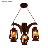 Dark Wood Industrial Kerosene Chandelier - 3-Light Clear Glass Ceiling Hanging Lamp For Living Room