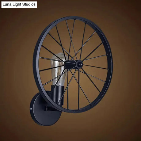 Decorative Metallic 1-Head Wall Sconce Lighting In Black - Wheel Design