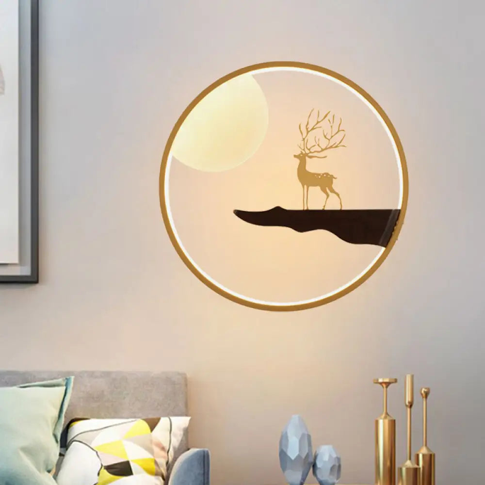 Deer And Moon Asian Led Wall Light With Wood Frame - Black/Beige Black