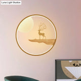Deer And Moon Asian Led Wall Light With Wood Frame - Black/Beige