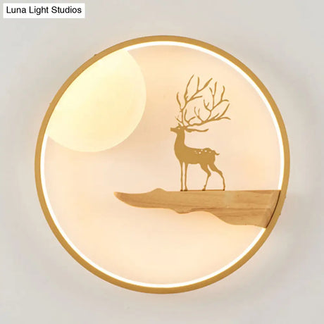 Deer And Moon Asian Led Wall Light With Wood Frame - Black/Beige