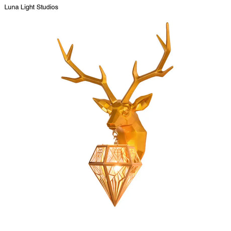 Deer Head 1-Light Resin Gold/Rose Gold Sconce: Stylish Country Wall Mounted Lighting With Diamond