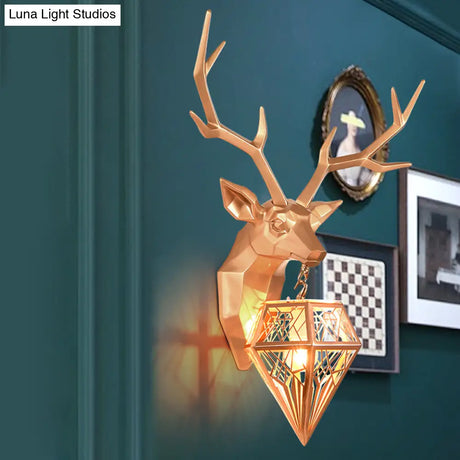 Deer Head 1-Light Resin Gold/Rose Gold Sconce: Stylish Country Wall Mounted Lighting With Diamond